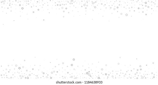 Silver, gray, stars, sprocket, shiny confetti. Scattered little sparkling, flashing glitter elements. Random stellar falling on white background. New Year, Christmas background. Vector illustration.