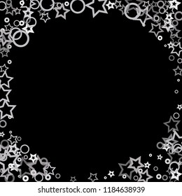 Silver, gray, stars, sprocket, shiny confetti. Scattered little sparkling, flashing glitter elements. Random stellar falling on black background. New Year, Christmas background. Vector illustration.