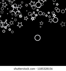 Silver, gray, stars, sprocket, shiny confetti. Scattered little sparkling, flashing glitter elements. Random stellar falling on black background. New Year, Christmas background. Vector illustration.