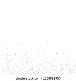 Silver, gray, stars, sprocket, shiny confetti. Scattered little sparkling, flashing glitter elements. Random stellar falling on white background. New Year, Christmas background. Vector illustration.