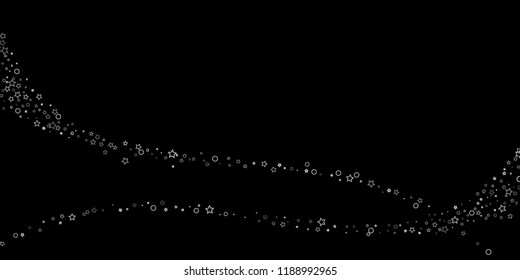Silver, gray, stars, sprocket, shiny confetti. Scattered little sparkling, flashing glitter elements. Random stellar falling on black background. New Year, Christmas background. Vector illustration.