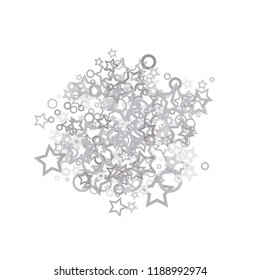Silver, gray, stars, sprocket, shiny confetti. Scattered little sparkling, flashing glitter elements. Random stellar falling on white background. New Year, Christmas background. Vector illustration.