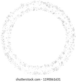Silver, gray, stars, sprocket, shiny confetti. Scattered little sparkling, flashing glitter elements. Random stellar falling on white background. New Year, Christmas background. Vector illustration.