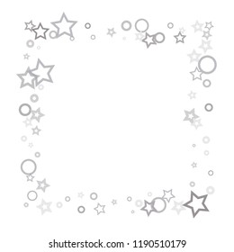 Silver, gray, stars, sprocket, shiny confetti. Scattered little sparkling, flashing glitter elements. Random stellar falling on white background. New Year, Christmas background. Vector illustration.