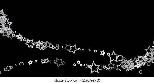 Silver, gray, stars, sprocket, shiny confetti. Scattered little sparkling, flashing glitter elements. Random stellar falling on black background. New Year, Christmas background. Vector illustration.