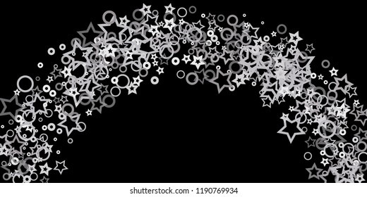Silver, gray, stars, sprocket, shiny confetti. Scattered little sparkling, flashing glitter elements. Random stellar falling on black background. New Year, Christmas background. Vector illustration.