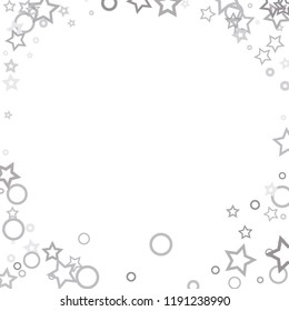 Silver, gray, stars, sprocket, shiny confetti. Scattered little sparkling, flashing glitter elements. Random stellar falling on white background. New Year, Christmas background. Vector illustration.