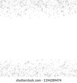 Silver, gray, stars, sprocket, shiny confetti. Scattered little sparkling, flashing glitter elements. Random stellar falling on white background. New Year, Christmas background. Vector illustration.