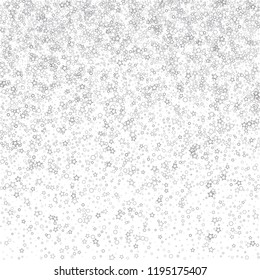 Silver, gray, stars, sprocket, shiny confetti. Scattered little sparkling, flashing glitter elements. Random stellar falling on white background. New Year, Christmas background. Vector illustration.