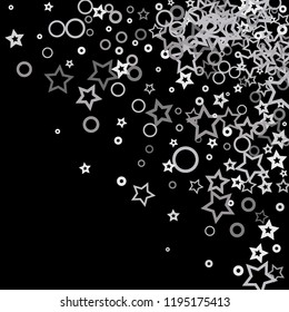 Silver, gray, stars, sprocket, shiny confetti. Scattered little sparkling, flashing glitter elements. Random stellar falling on black background. New Year, Christmas background. Vector illustration.