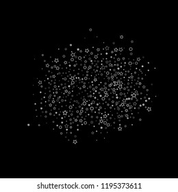Silver, gray, stars, sprocket, shiny confetti. Scattered little sparkling, flashing glitter elements. Random stellar falling on black background. New Year, Christmas background. Vector illustration.
