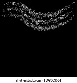 Silver, gray, stars, sprocket, shiny confetti. Scattered little sparkling, flashing glitter elements. Random stellar falling on black background. New Year, Christmas background. Vector illustration.
