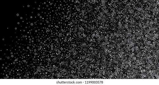 Silver, gray, stars, sprocket, shiny confetti. Scattered little sparkling, flashing glitter elements. Random stellar falling on black background. New Year, Christmas background. Vector illustration.
