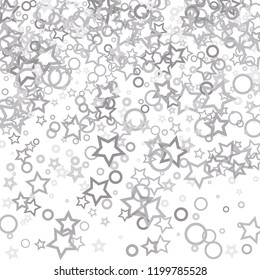 Silver, gray, stars, sprocket, shiny confetti. Scattered little sparkling, flashing glitter elements. Random stellar falling on white background. New Year, Christmas background. Vector illustration.