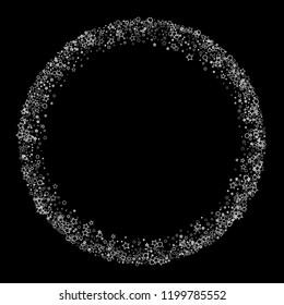 Silver, gray, stars, sprocket, shiny confetti. Scattered little sparkling, flashing glitter elements. Random stellar falling on black background. New Year, Christmas background. Vector illustration.