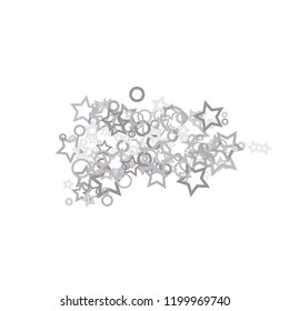 Silver, gray, stars, sprocket, shiny confetti. Scattered little sparkling, flashing glitter elements. Random stellar falling on white background. New Year, Christmas background. Vector illustration.