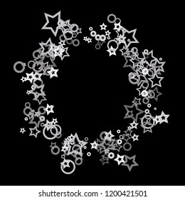 Silver, gray, stars, sprocket, shiny confetti. Scattered little sparkling, flashing glitter elements. Random stellar falling on black background. New Year, Christmas background. Vector illustration.