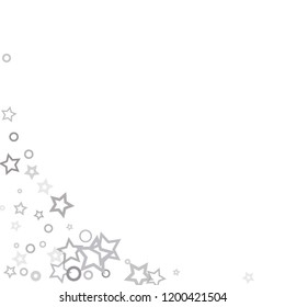 Silver, gray, stars, sprocket, shiny confetti. Scattered little sparkling, flashing glitter elements. Random stellar falling on white background. New Year, Christmas background. Vector illustration.