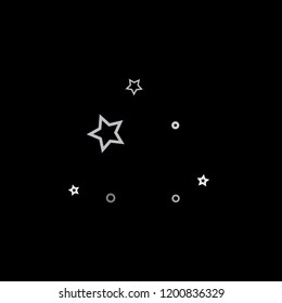 Silver, gray, stars, sprocket, shiny confetti. Scattered little sparkling, flashing glitter elements. Random stellar falling on black background. New Year, Christmas background. Vector illustration.