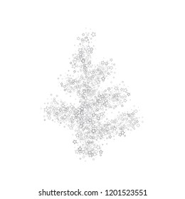 Silver, gray, stars, sprocket, shiny confetti. Scattered little sparkling, flashing glitter elements. Random stellar falling on white background. New Year, Christmas background. Vector illustration.