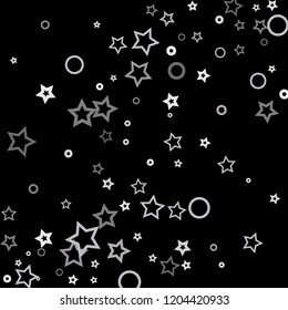 Silver, gray, stars, sprocket, shiny confetti. Scattered little sparkling, flashing glitter elements. Random stellar falling on black background. New Year, Christmas background. Vector illustration.