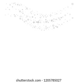 Silver, gray, stars, sprocket, shiny confetti. Scattered little sparkling, flashing glitter elements. Random stellar falling on white background. New Year, Christmas background. Vector illustration.