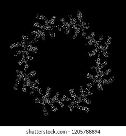 Silver, gray, stars, sprocket, shiny confetti. Scattered little sparkling, flashing glitter elements. Random stellar falling on black background. New Year, Christmas background. Vector illustration.