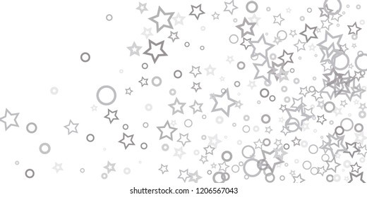 Silver, gray, stars, sprocket, shiny confetti. Scattered little sparkling, flashing glitter elements. Random stellar falling on white background. New Year, Christmas background. Vector illustration.