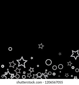 Silver, gray, stars, sprocket, shiny confetti. Scattered little sparkling, flashing glitter elements. Random stellar falling on black background. New Year, Christmas background. Vector illustration.