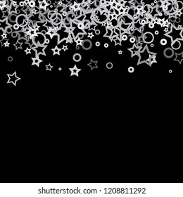 Silver, gray, stars, sprocket, shiny confetti. Scattered little sparkling, flashing glitter elements. Random stellar falling on black background. New Year, Christmas background. Vector illustration.