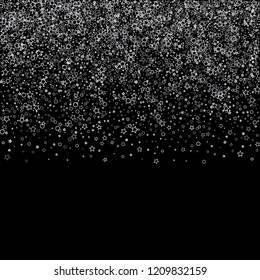 Silver, gray, stars, sprocket, shiny confetti. Scattered little sparkling, flashing glitter elements. Random stellar falling on black background. New Year, Christmas background. Vector illustration.