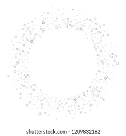 Silver, gray, stars, sprocket, shiny confetti. Scattered little sparkling, flashing glitter elements. Random stellar falling on white background. New Year, Christmas background. Vector illustration.