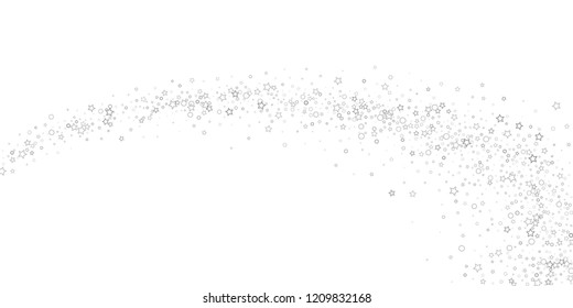Silver, gray, stars, sprocket, shiny confetti. Scattered little sparkling, flashing glitter elements. Random stellar falling on white background. New Year, Christmas background. Vector illustration.