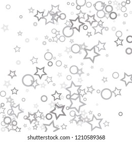 Silver, gray, stars, sprocket, shiny confetti. Scattered little sparkling, flashing glitter elements. Random stellar falling on white background. New Year, Christmas background. Vector illustration.