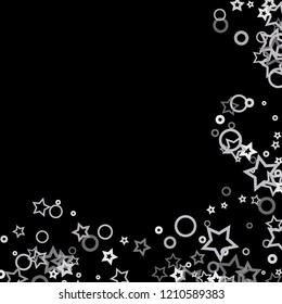 Silver, gray, stars, sprocket, shiny confetti. Scattered little sparkling, flashing glitter elements. Random stellar falling on black background. New Year, Christmas background. Vector illustration.