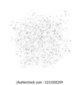 Silver, gray, stars, sprocket, shiny confetti. Scattered little sparkling, flashing glitter elements. Random stellar falling on white background. New Year, Christmas background. Vector illustration.