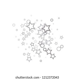 Silver, gray, stars, sprocket, shiny confetti. Scattered little sparkling, flashing glitter elements. Random stellar falling on white background. New Year, Christmas background. Vector illustration.