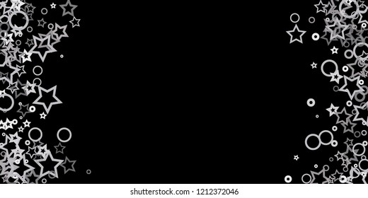 Silver, gray, stars, sprocket, shiny confetti. Scattered little sparkling, flashing glitter elements. Random stellar falling on black background. New Year, Christmas background. Vector illustration.