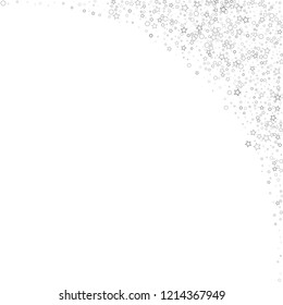 Silver, gray, stars, sprocket, shiny confetti. Scattered little sparkling, flashing glitter elements. Random stellar falling on white background. New Year, Christmas background. Vector illustration.