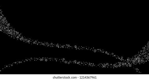 Silver, gray, stars, sprocket, shiny confetti. Scattered little sparkling, flashing glitter elements. Random stellar falling on black background. New Year, Christmas background. Vector illustration.