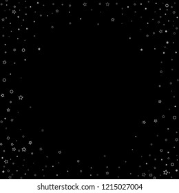 Silver, gray, stars, sprocket, shiny confetti. Scattered little sparkling, flashing glitter elements. Random stellar falling on black background. New Year, Christmas background. Vector illustration.