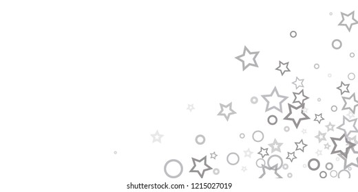 Silver, gray, stars, sprocket, shiny confetti. Scattered little sparkling, flashing glitter elements. Random stellar falling on white background. New Year, Christmas background. Vector illustration.