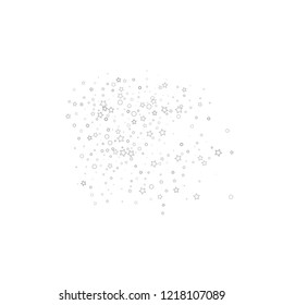 Silver, gray, stars, sprocket, shiny confetti. Scattered little sparkling, flashing glitter elements. Random stellar falling on white background. New Year, Christmas background. Vector illustration.