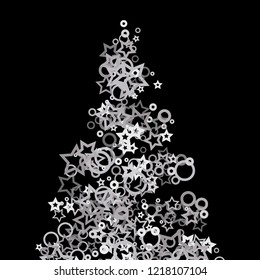 Silver, gray, stars, sprocket, shiny confetti. Scattered little sparkling, flashing glitter elements. Random stellar falling on black background. New Year, Christmas background. Vector illustration.