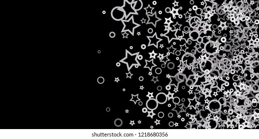 Silver, gray, stars, sprocket, shiny confetti. Scattered little sparkling, flashing glitter elements. Random stellar falling on black background. New Year, Christmas background. Vector illustration.