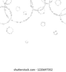 Silver, gray, stars, sprocket, shiny confetti. Scattered little sparkling, flashing glitter elements. Random stellar falling on white background. New Year, Christmas background. Vector illustration.