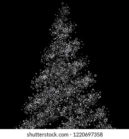 Silver, gray, stars, sprocket, shiny confetti. Scattered little sparkling, flashing glitter elements. Random stellar falling on black background. New Year, Christmas background. Vector illustration.