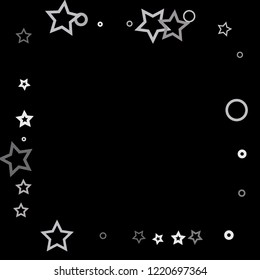 Silver, gray, stars, sprocket, shiny confetti. Scattered little sparkling, flashing glitter elements. Random stellar falling on black background. New Year, Christmas background. Vector illustration.