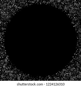 Silver, gray, stars, sprocket, shiny confetti. Scattered little sparkling, flashing glitter elements. Random stellar falling on black background. New Year, Christmas background. Vector illustration.