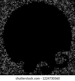 Silver, gray, stars, sprocket, shiny confetti. Scattered little sparkling, flashing glitter elements. Random stellar falling on black background. New Year, Christmas background. Vector illustration.